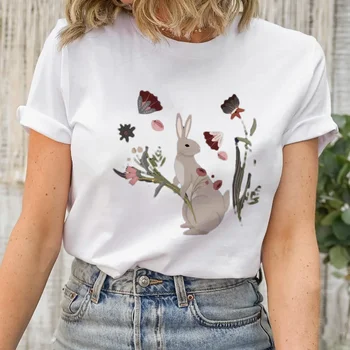  Топ с короткими рукавами Симпатичная футболка с рисунком кролика Сладкая одежда 90-х годов Женская простая и универсальная верхняя модная белая футболка.