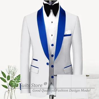 G&N Мужские платья Белая куртка + Брюки + Жилет Модные костюмы Королевский синий Шаль Лацкан Блейзер Slim Fit Party Formal Event Homme Costume