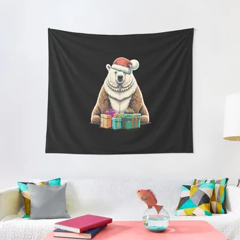 Забавный белый медведь Шапка Санта-Клауса с рождественским подарком Гобелен Украшения для спальни