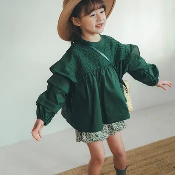 олень Джонми 2023 Весна Девочки Милые наряды Черновато-зеленые блузки Тыквенные шорты 2шт Корейский стиль Детские шикарные комплекты