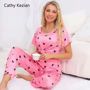 Женщины Пижамы Любовь Принт Пижамы Ночная Одежда Кэти Кезиан Розовый S M L Брюки с короткими рукавами Милая Мода Мягкая Удобная